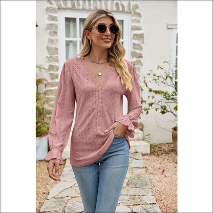 Chic Eyelet Lace Flounce Sleeve Blouse - Dusty Pink / s - Blouses on Sale Worldwide Shipping