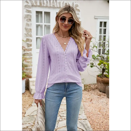 Chic Eyelet Lace Flounce Sleeve Blouse - Lavender / l - Blouses on Sale Worldwide Shipping