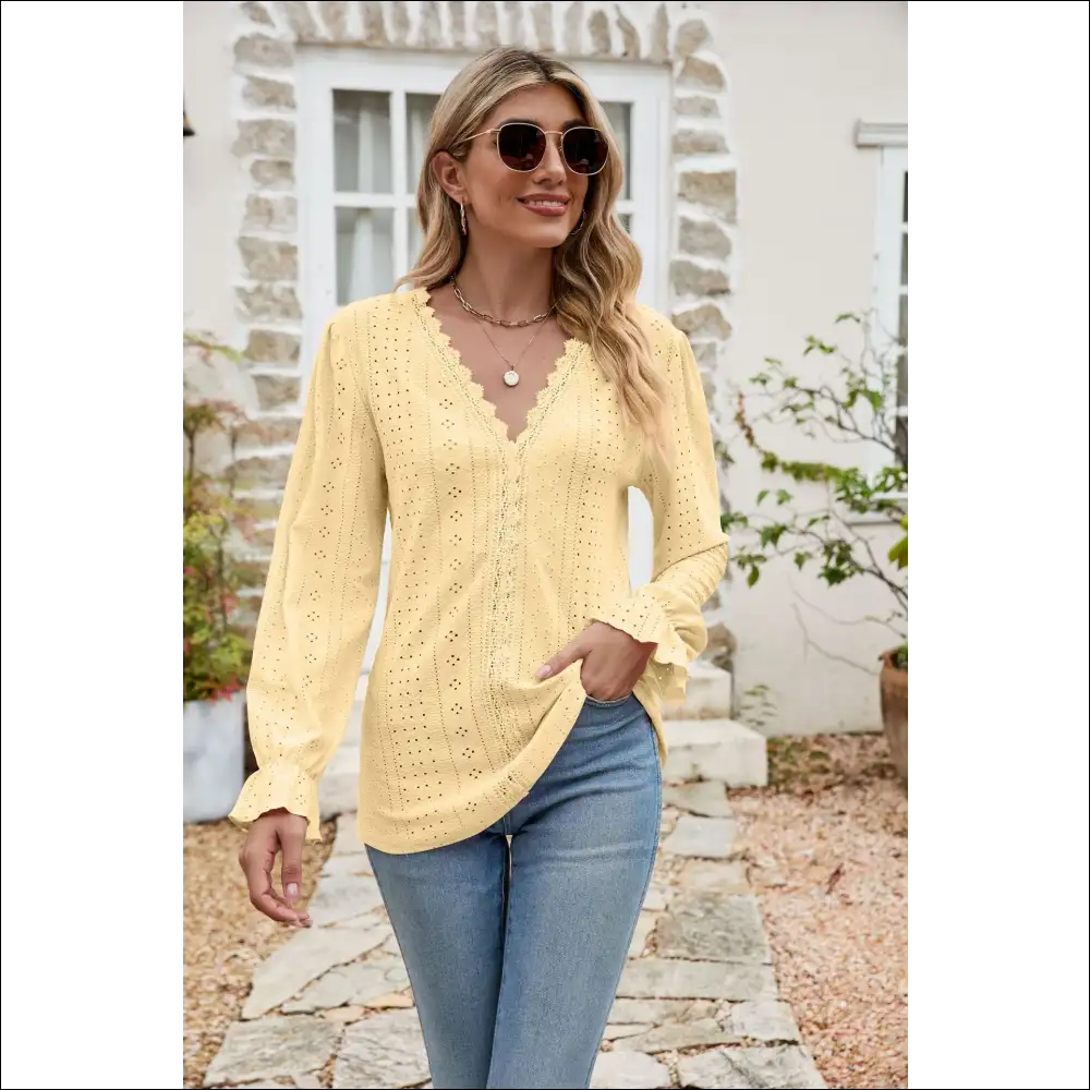 Chic Eyelet Lace Flounce Sleeve Blouse - Mustard / l - Blouses on Sale Worldwide Shipping