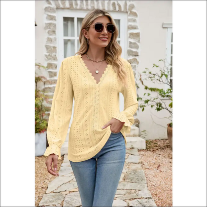 Chic Eyelet Lace Flounce Sleeve Blouse - Mustard / l - Blouses on Sale Worldwide Shipping