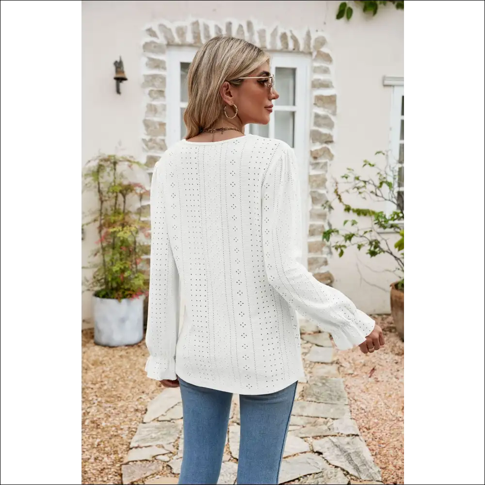 Chic Eyelet Lace Flounce Sleeve Blouse - Blouses on Sale Worldwide Shipping