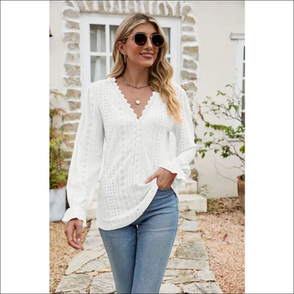 Chic Eyelet Lace Flounce Sleeve Blouse - White / 2xl - Blouses on Sale Worldwide Shipping