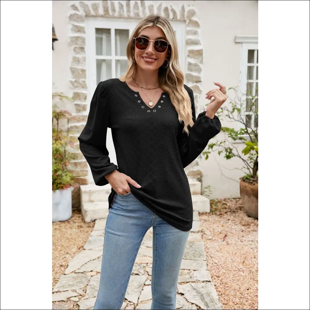 Chic Eyelet Notched Neck Balloon Sleeve Blouse - Black / m - Blouses on Sale Worldwide Shipping