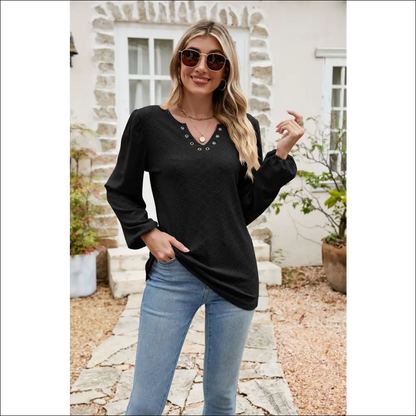 Chic Eyelet Notched Neck Balloon Sleeve Blouse - Black / m - Blouses on Sale Worldwide Shipping
