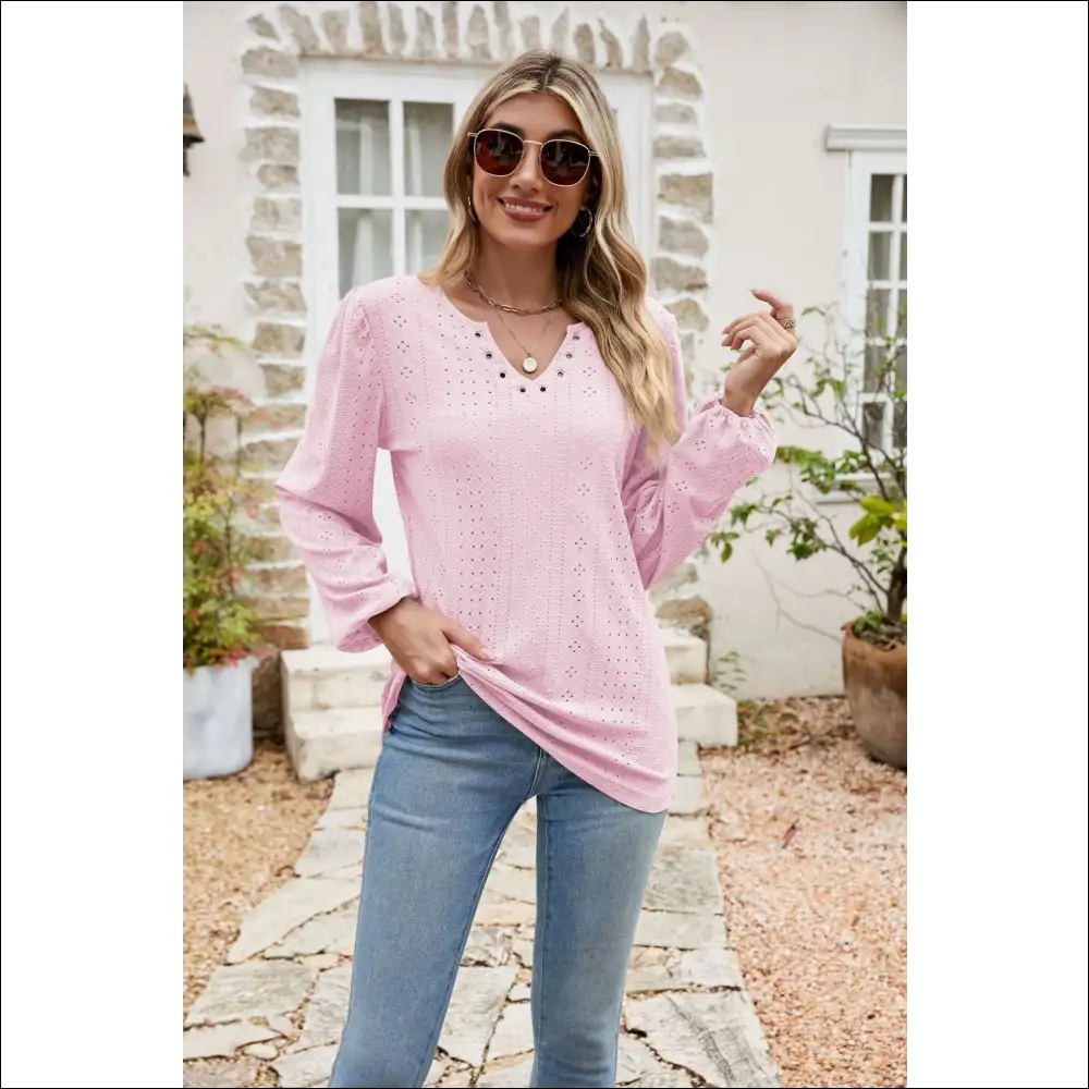Chic Eyelet Notched Neck Balloon Sleeve Blouse - Blush Pink / Xl - Blouses on Sale Worldwide Shipping