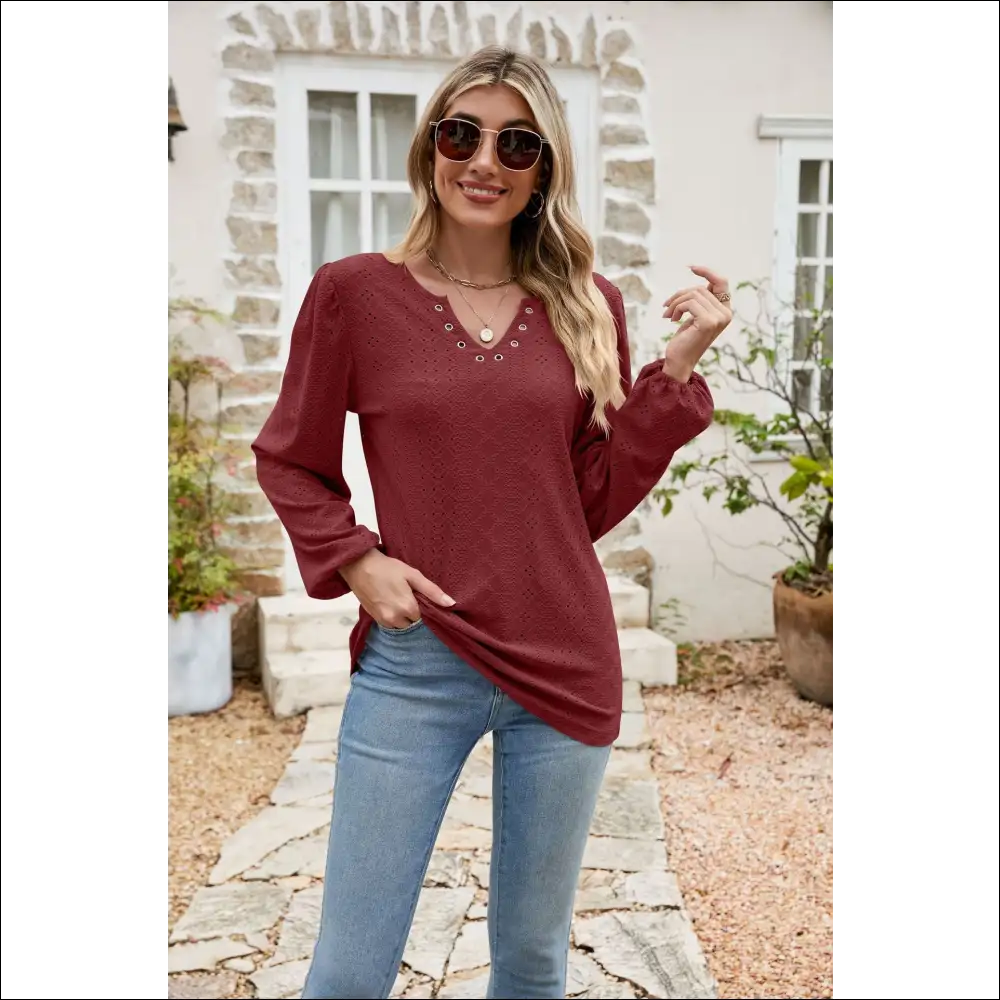 Chic Eyelet Notched Neck Balloon Sleeve Blouse - Burgundy / l - Blouses on Sale Worldwide Shipping