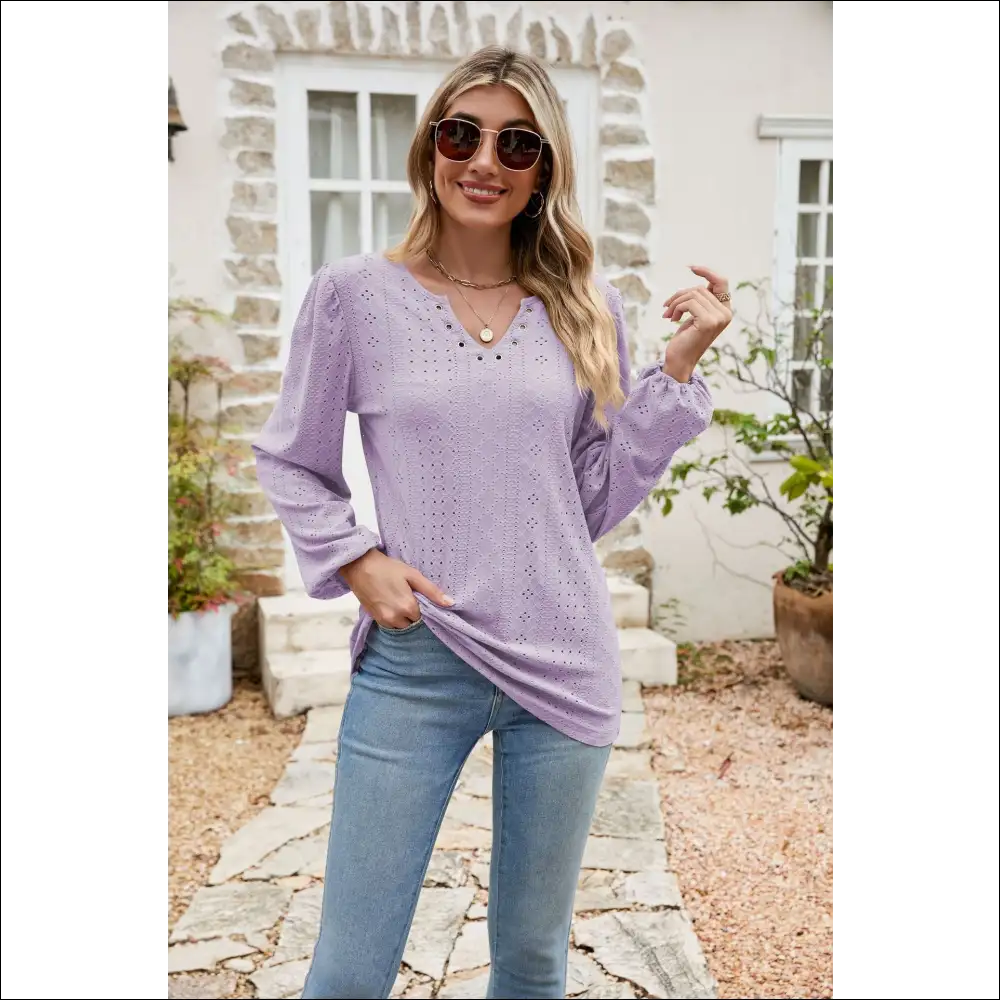 Chic Eyelet Notched Neck Balloon Sleeve Blouse - Lavender / s - Blouses on Sale Worldwide Shipping