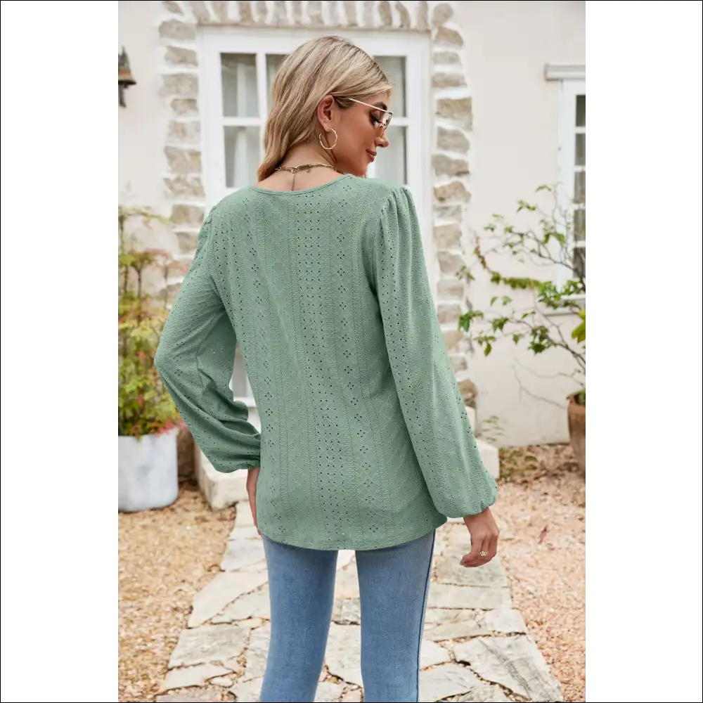 Chic Eyelet Notched Neck Balloon Sleeve Blouse - Blouses on Sale Worldwide Shipping