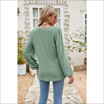 Chic Eyelet Notched Neck Balloon Sleeve Blouse - Blouses on Sale Worldwide Shipping