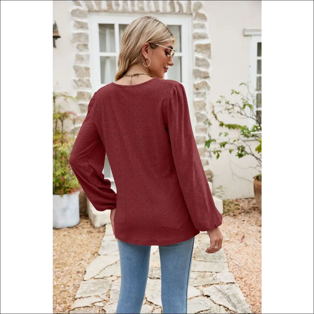 Chic Eyelet Notched Neck Balloon Sleeve Blouse - Blouses on Sale Worldwide Shipping