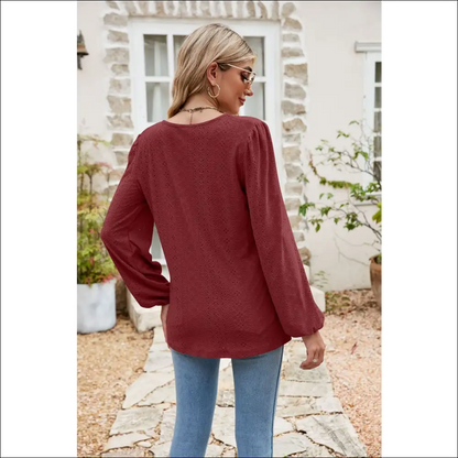 Chic Eyelet Notched Neck Balloon Sleeve Blouse - Blouses on Sale Worldwide Shipping