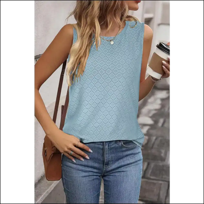 Chic Eyelet Round Neck Tank Top - Light Blue / s - Tops on Sale Worldwide Shipping