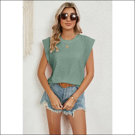 Chic Eyelet Round Neck Tank Top - Light Green / s - Tops on Sale Worldwide Shipping