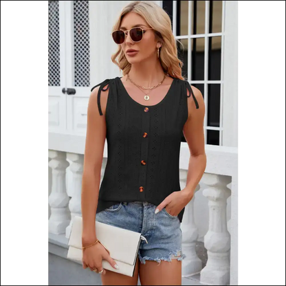 Chic Eyelet Round Neck Tank with Decorative Buttons - Black / s - Tops on Sale Worldwide Shipping