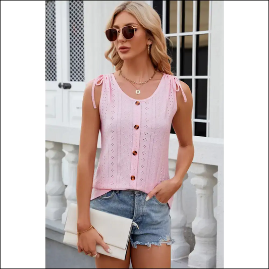 Chic Eyelet Round Neck Tank with Decorative Buttons - Blush Pink / 2xl - Tops on Sale Worldwide Shipping