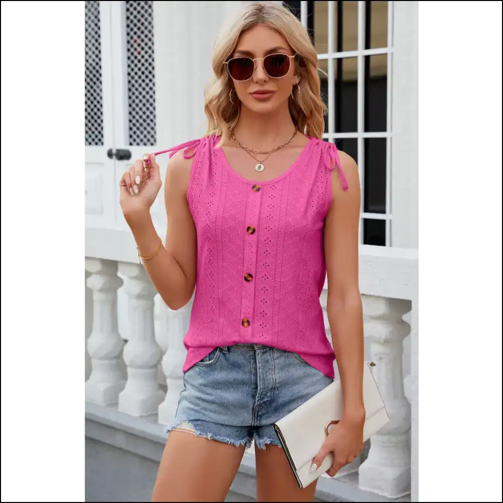 Chic Eyelet Round Neck Tank with Decorative Buttons - Bright Pink / l - Tops on Sale Worldwide Shipping