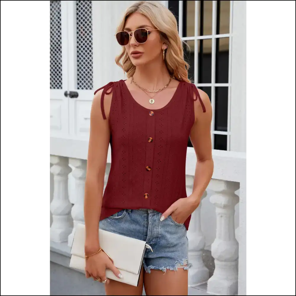 Chic Eyelet Round Neck Tank with Decorative Buttons - Dusty Red / s - Tops on Sale Worldwide Shipping