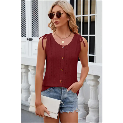Chic Eyelet Round Neck Tank with Decorative Buttons - Dusty Red / s - Tops on Sale Worldwide Shipping
