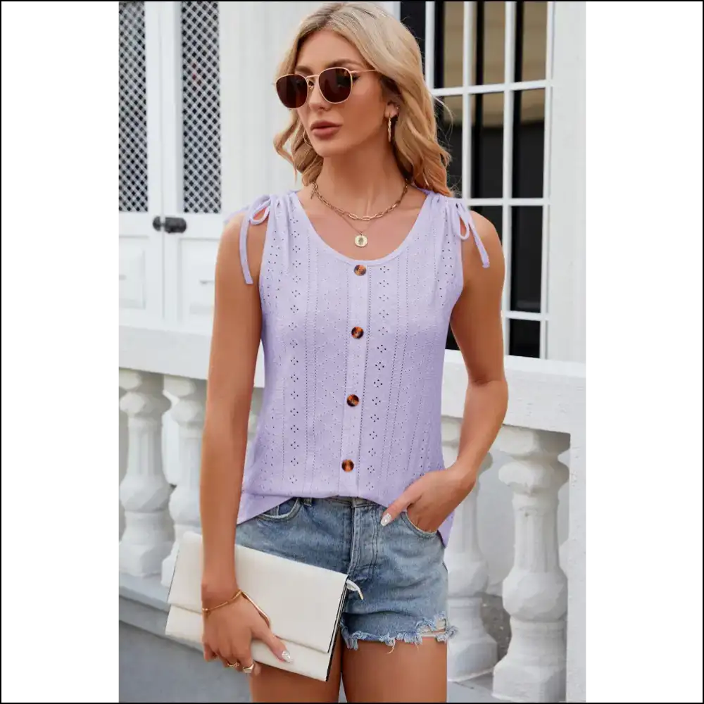 Chic Eyelet Round Neck Tank with Decorative Buttons - Heather / s - Tops on Sale Worldwide Shipping
