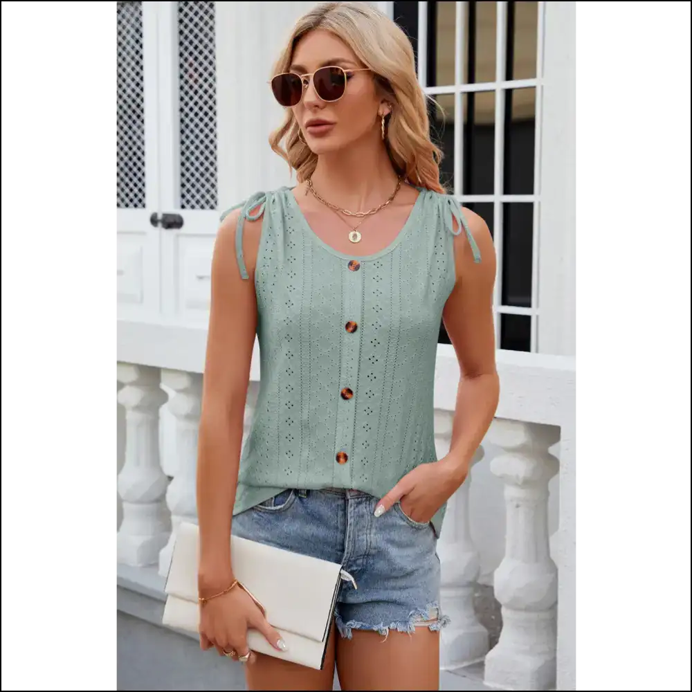 Chic Eyelet Round Neck Tank with Decorative Buttons - Sage / Xl - Tops on Sale Worldwide Shipping