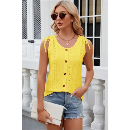 Chic Eyelet Round Neck Tank with Decorative Buttons - Yellow / m - Tops on Sale Worldwide Shipping