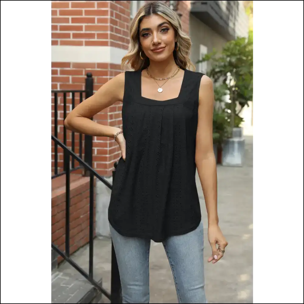 Chic Eyelet Square Neck Tank - Black / s - Tops on Sale Worldwide Shipping