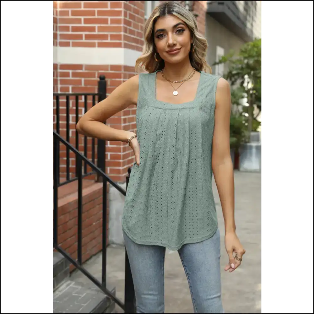 Chic Eyelet Square Neck Tank - Gum Leaf / l - Tops on Sale Worldwide Shipping