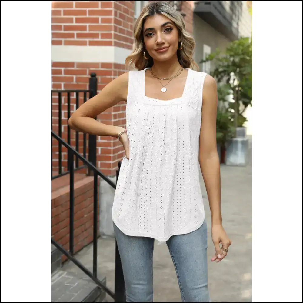 Chic Eyelet Square Neck Tank - White / s - Tops on Sale Worldwide Shipping