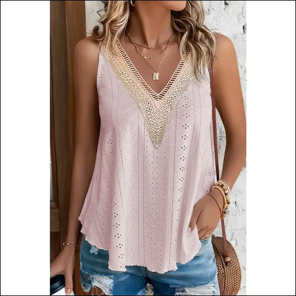 Chic Eyelet V-neck Wide Strap Tank - Blush Pink / s - Tops on Sale Worldwide Shipping