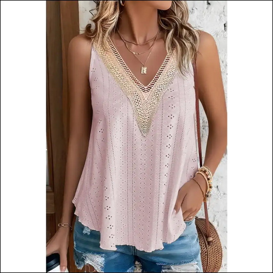 Chic Eyelet V-neck Wide Strap Tank - Blush Pink / s - Tops on Sale Worldwide Shipping