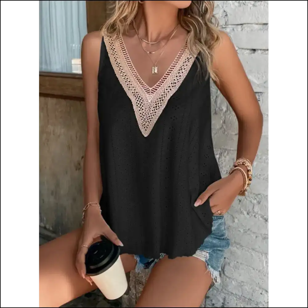 Chic Eyelet V-neck Wide Strap Tank - Tops on Sale Worldwide Shipping