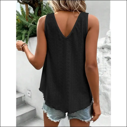 Chic Eyelet V-neck Wide Strap Tank - Tops on Sale Worldwide Shipping