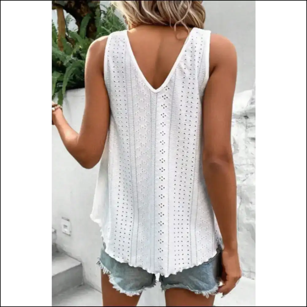 Chic Eyelet V-neck Wide Strap Tank - Tops on Sale Worldwide Shipping