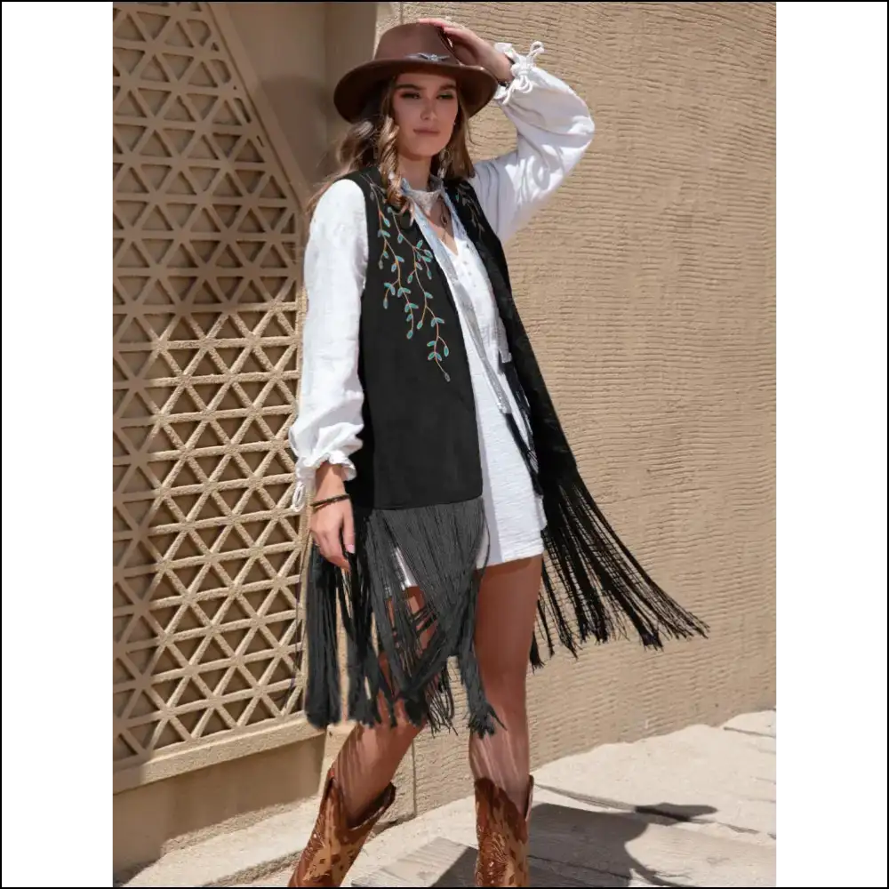 Chic Faux Suede Fringe Hem Open Front Vest - Black / s - Tank Tops on Sale Worldwide Shipping