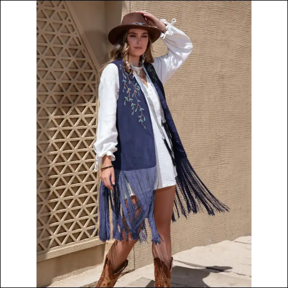 Chic Faux Suede Fringe Hem Open Front Vest - Navy / s - Tank Tops on Sale Worldwide Shipping