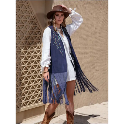 Chic Faux Suede Fringe Hem Open Front Vest - Navy / s - Tank Tops on Sale Worldwide Shipping
