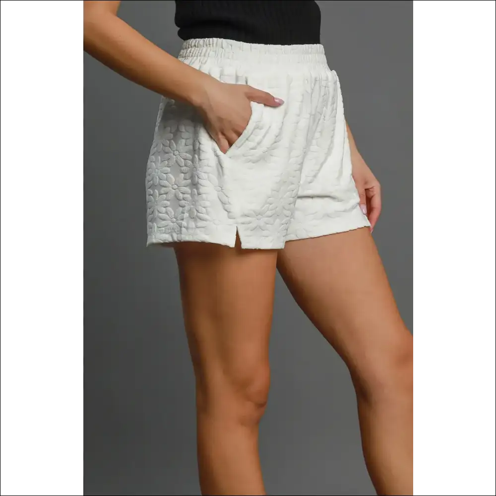 Chic Floral Jacquard Elastic Waist Shorts with Pockets - on Sale Worldwide Shipping