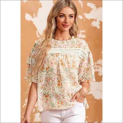 Chic Floral Round Neck Blouse – Effortless Elegance - m - Blouses on Sale Worldwide Shipping