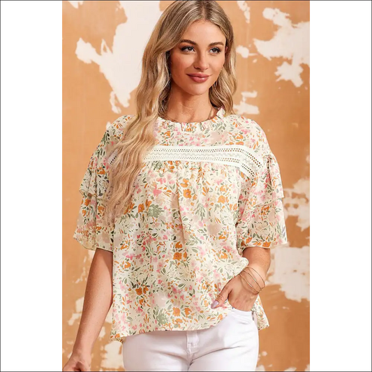 Chic Floral Round Neck Blouse – Effortless Elegance - m - Blouses on Sale Worldwide Shipping
