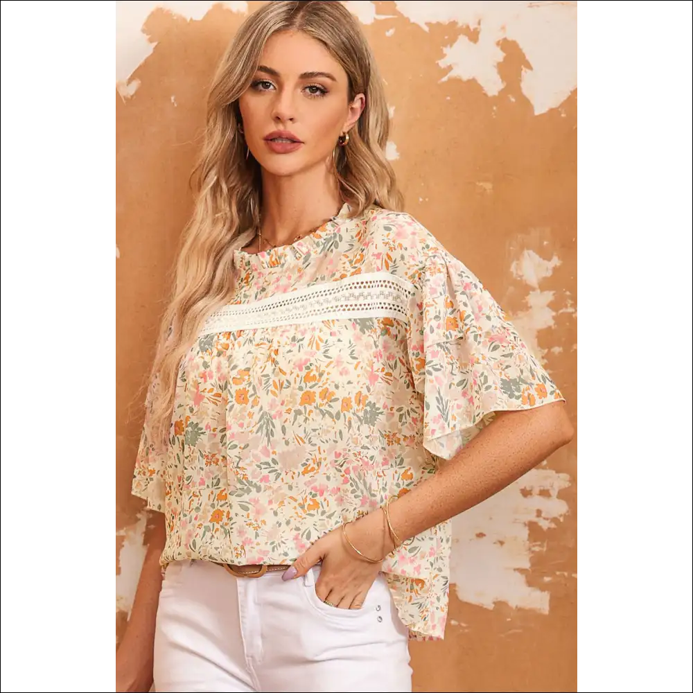 Chic Floral Round Neck Blouse – Effortless Elegance - Blouses on Sale Worldwide Shipping