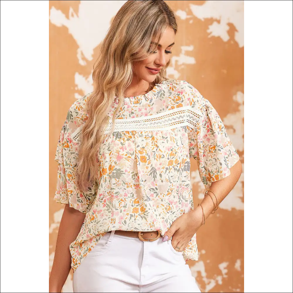 Chic Floral Round Neck Blouse – Effortless Elegance - Blouses on Sale Worldwide Shipping