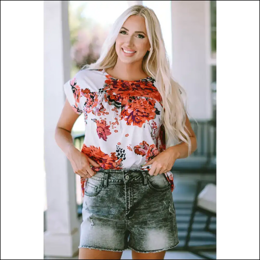 Chic Floral Round Neck Short Sleeve Top - White / s - Blouses on Sale Worldwide Shipping