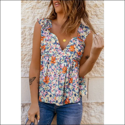 Chic Floral Smocked Cap Sleeve Top - Multicolor / Xl - Tank Tops on Sale Worldwide Shipping