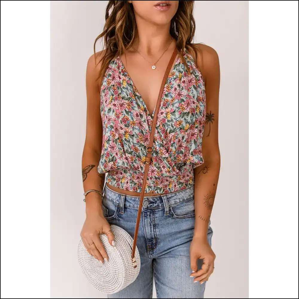 Chic Floral Surplice Neck Top - Tank Tops on Sale Worldwide Shipping