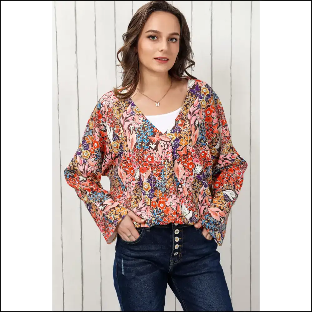 Chic Floral V-neck Long Sleeve Blouse - Blouses on Sale Worldwide Shipping