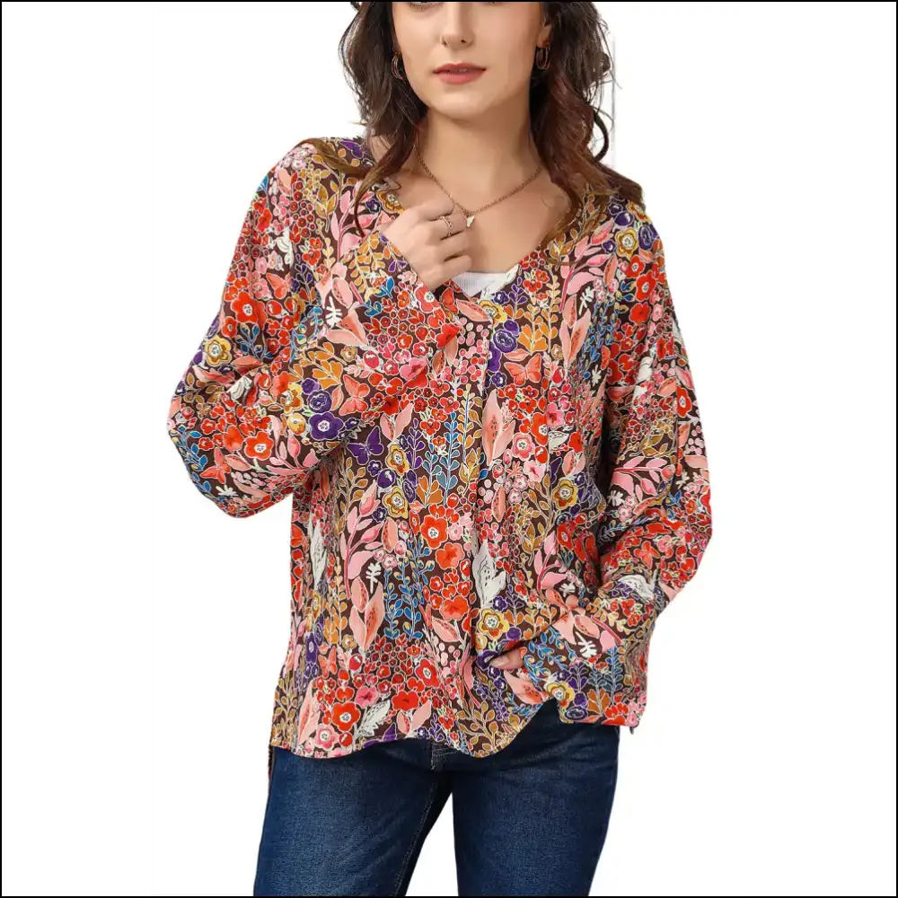 Chic Floral V-neck Long Sleeve Blouse - Blouses on Sale Worldwide Shipping