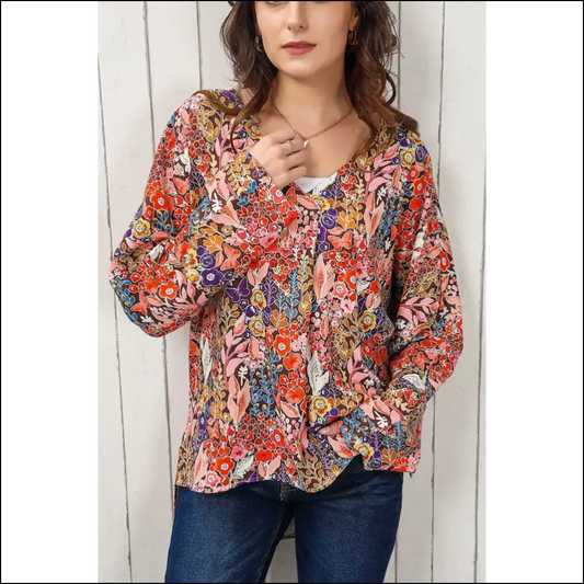 Chic Floral V-neck Long Sleeve Blouse - s - Blouses on Sale Worldwide Shipping