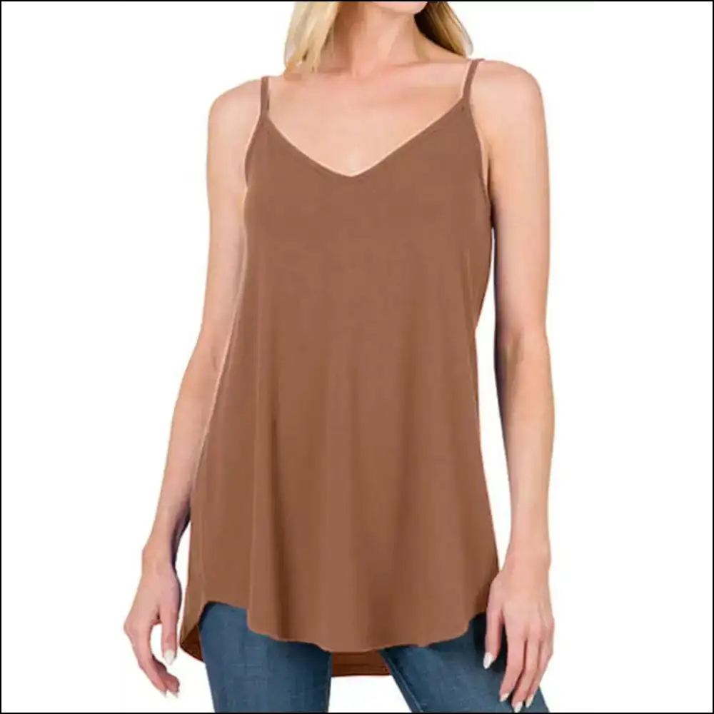 Chic Full Size Spaghetti Strap V-neck Flowy Tunic Cami - Caramel / m - Tank Tops on Sale Worldwide Shipping