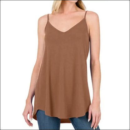 Chic Full Size Spaghetti Strap V-neck Flowy Tunic Cami - Caramel / m - Tank Tops on Sale Worldwide Shipping