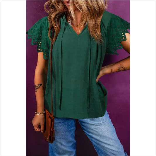 Chic Green Bay Eyelet V-neck Blouse with Playful Tie - s - Blouses on Sale Worldwide Shipping